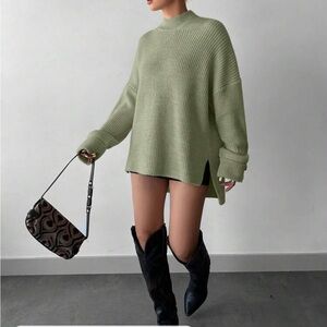 Cozy Mock High Neck Long Sleeve Slit Hi Low Hem Knit Sweater
